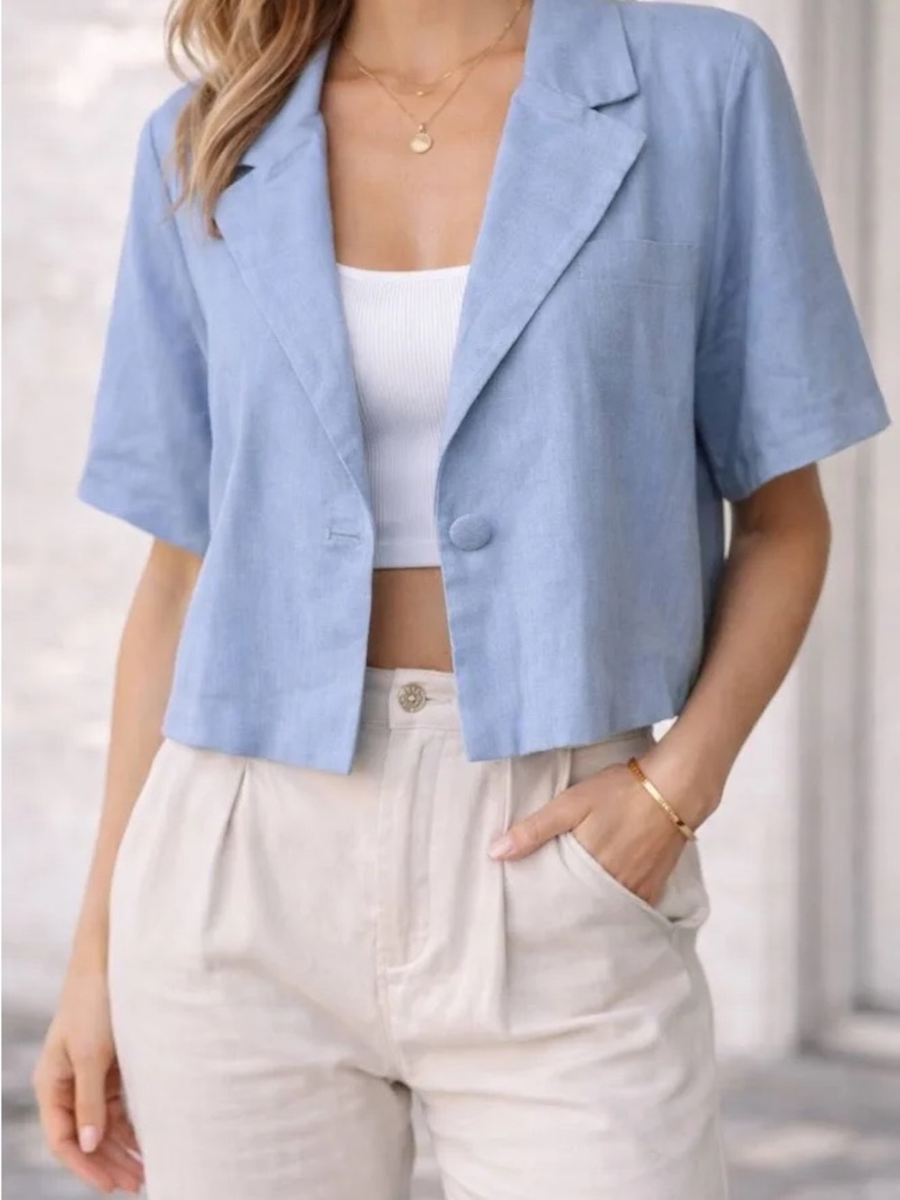 Abercrombie & Fitch Light Blue Cropped Short-Sleeve Blazer